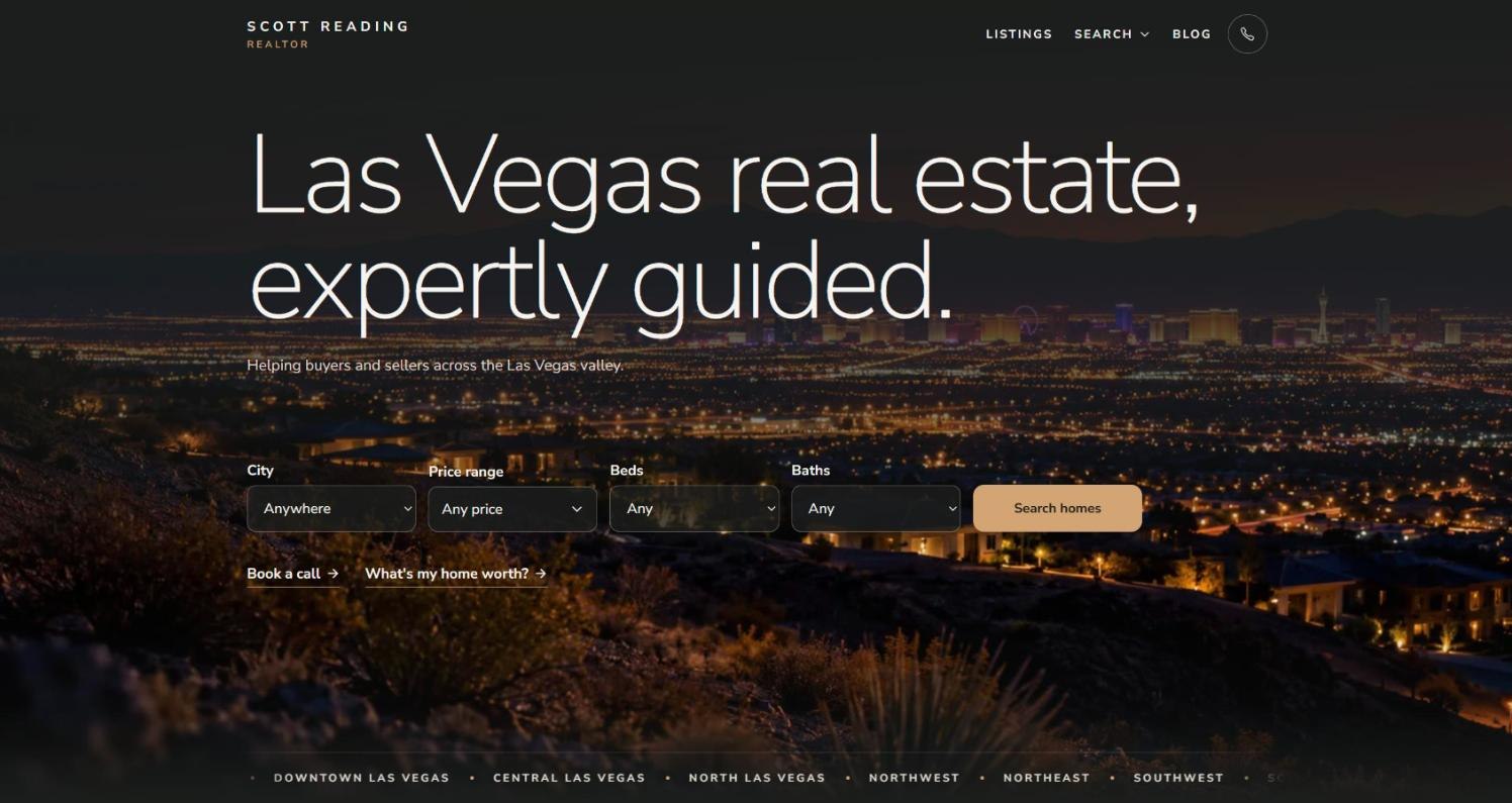 Scott Reading Realtor home page with Las Vegas night skyline and home search